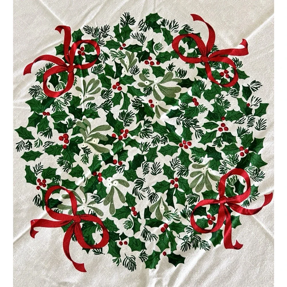 Vintage Christmas Tablecloth Red Ribbons w/ Green & Red Holly Berries 70